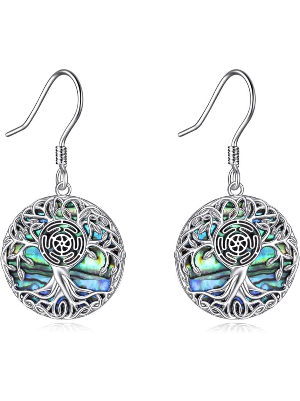 Sterling Silver Tree of Life Dangle Earrings with Abalone Shell - Unique Jewelry